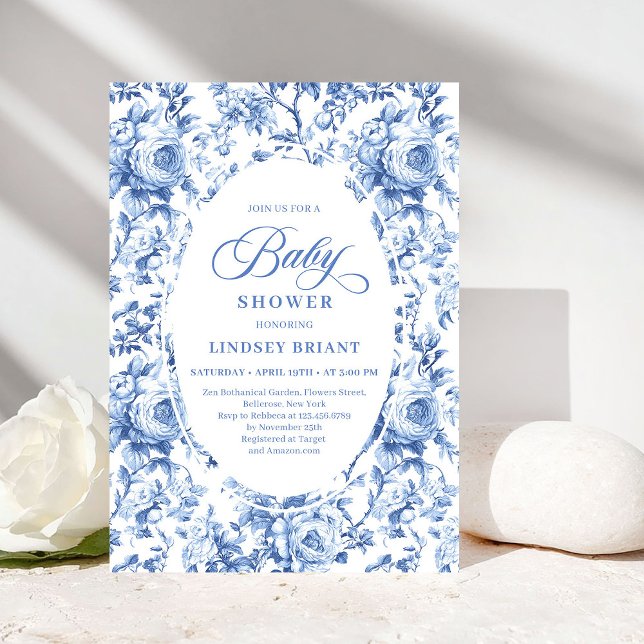 Convite de Churrasco de Bebê Chic Blue Chinoiserie (Chic Blue Chinoiserie Toile Baby Shower Invitation)