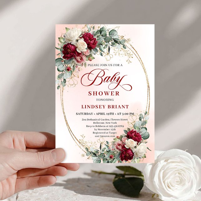 Convite de Churrasco de Bebê Chic Boho Burgundy e  (Chic Boho Burgundy and Gold Baby Shower Invite)