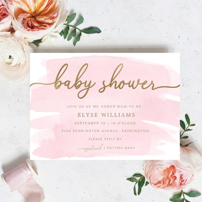 Convite de Churrasco de Bebê com Aquarela Rosa e D (Baby Shower Invitation Pink Watercolour Gold )