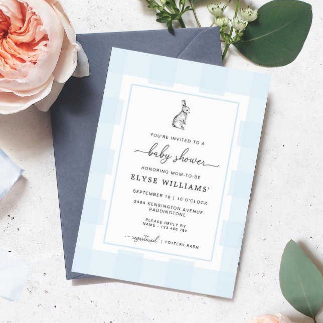 Convite de Churrasco de Bebê com Coelho Bunny Azul (Baby Shower Invitation Blue Gingham Check Bunny Rabbit)