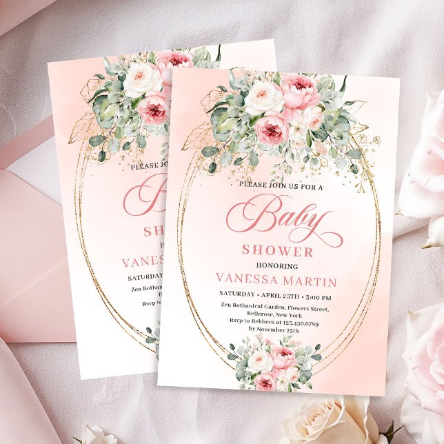 Convite de Churrasco de Bebê com Flora Verde Tendê (Trendy Blush Floral Greenery Baby Shower Invite Girl)