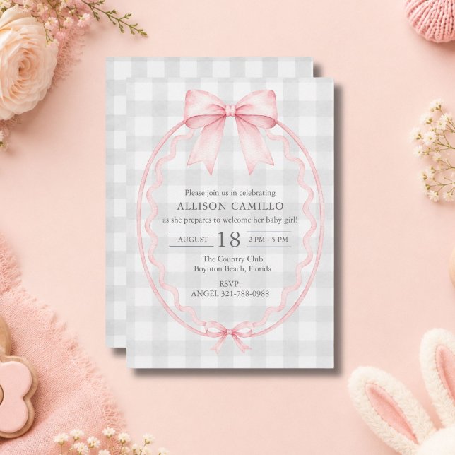 Convite de Churrasco de Bebê com Laço Rosa e Xadre (Pink Bow Gray Gingham Baby Shower Invitation)