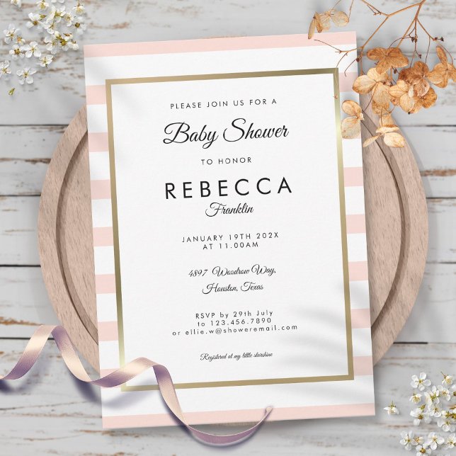 Convite de Churrasco de Bebê com Listra Rosa e Dou (Blush Pink Stripe Gold Baby Shower Invitation)