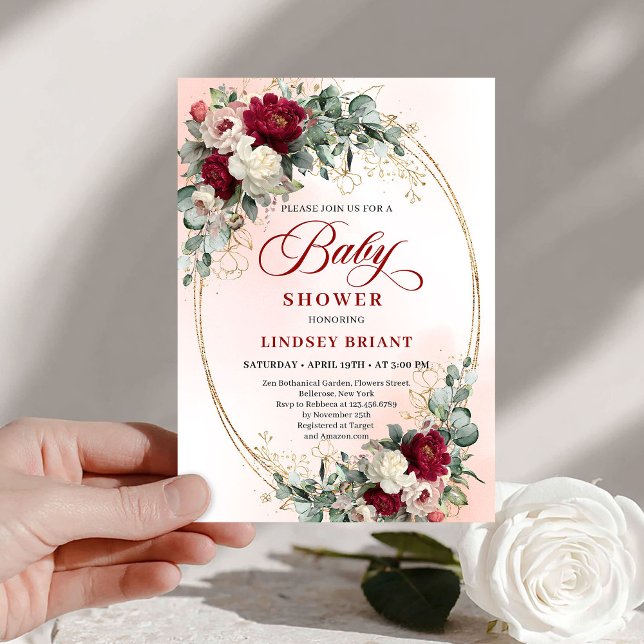 Convite de Churrasco de Bebê com Verdejante Boêmia (Soft Bohemian Burgundy Greenery Baby Shower Invitation)