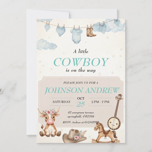Convite de Churrasco de Bebê Cowboy Elegante Azul (Frente)