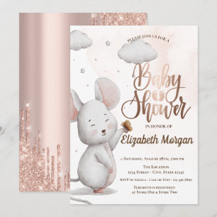 Convite de Churrasco de Bebê Cute Mouse Rose Gold