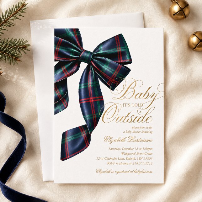 Convite de Churrasco de Bebê de Inverno com Laço X (Blue Tartan Bow Winter Baby Shower Invitation)