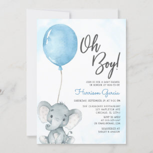 Convite de Churrasco de Bebê Elefante Menino Balão