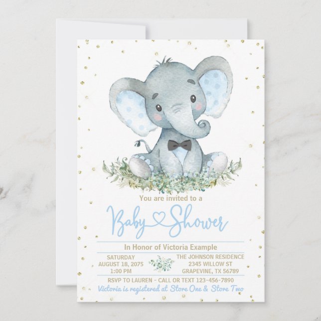 Convite de Churrasco de Bebê Elefante Menino Grava (Frente)