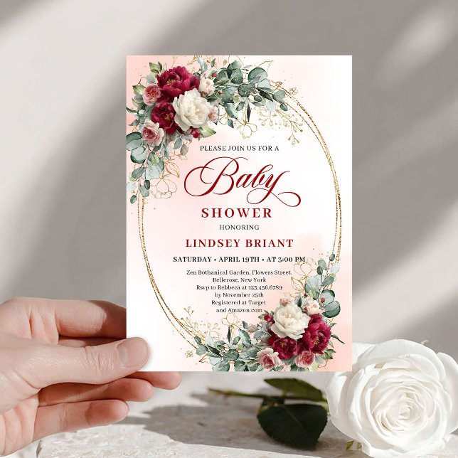 Convite de Churrasco de Bebê em Burgundy Rústico M (Trendy Rustic Burgundy Gold Baby Shower Invitation)