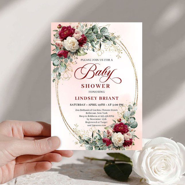 Convite de Churrasco de Bebê em Dourado e Peônia B (Rustic Burgundy Peony Gold Baby Shower Invite)