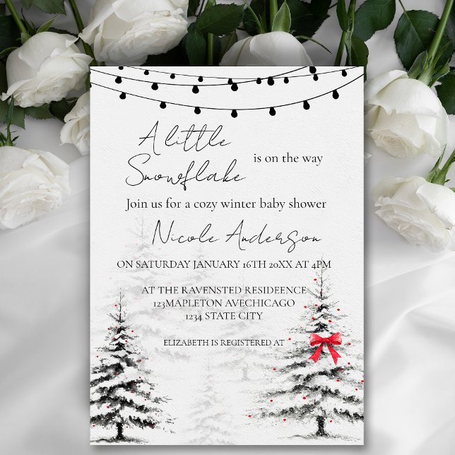 Convite de Churrasco de Bebê Floco de Neve de Inve (Winter Snowflake Baby Shower Invitation #pinetreeinvitation #babyshowerholiday #babyshowerchristmas)