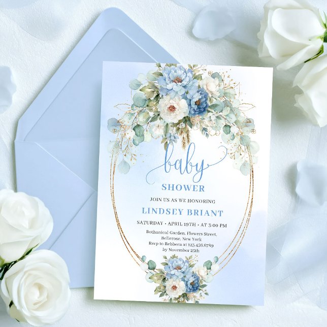 Convite de Churrasco de Bebê Floral Azul Boho Mode (Modern Boho Blue Floral Gold Baby Shower Invitation)