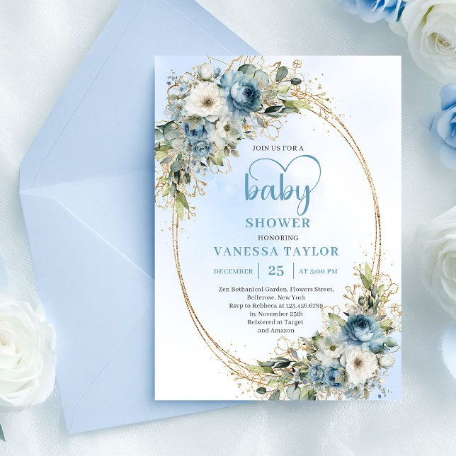 Convite de Churrasco de Bebê Floral Azul Claro Boh (Boho Light Blue Floral Greenery Baby Shower Invite.....)