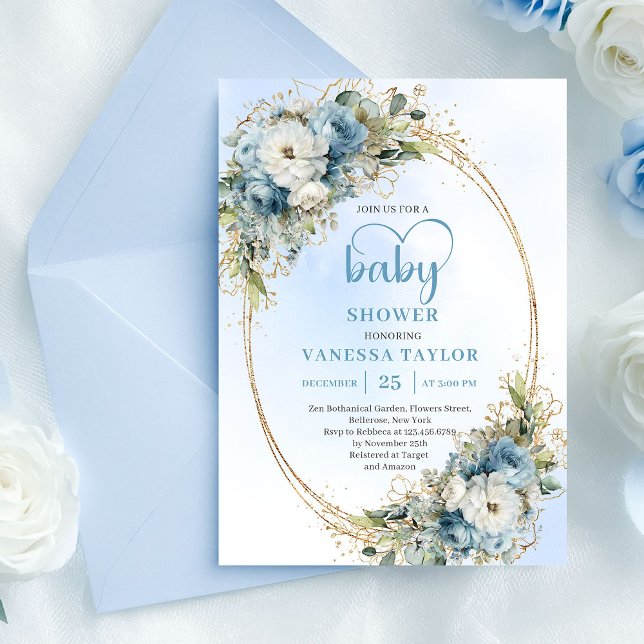 Convite de Churrasco de Bebê Floral Azul Pastel Aq (Watercolor Pastel Blue Floral Baby Shower Invite.......)