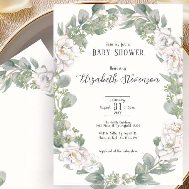 Convite de Churrasco de Bebê Floral Marfim Elegant (Criador carregado)