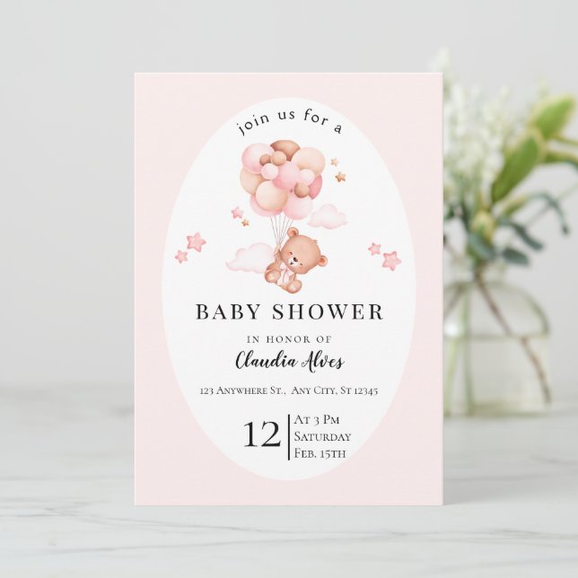 Convite de Churrasco de Bebê Floral Rosa Pastel (Em pé/Frente)