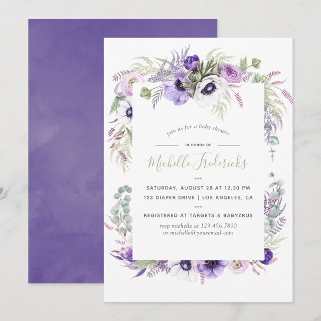 Convite de Churrasco de Bebê Floral Violeta Desbot (Frente/Verso)
