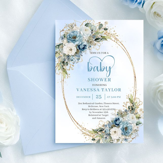 Convite de Churrasco de Bebê Flores Azul Poeirento (Elegant Dusty Blue Flowers Gold Baby Shower Invite

)