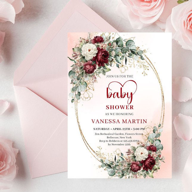 Convite de Churrasco de Bebê Flores Burgundy Elega (Stylish Burgundy Flowers Gold Baby Shower Invite)