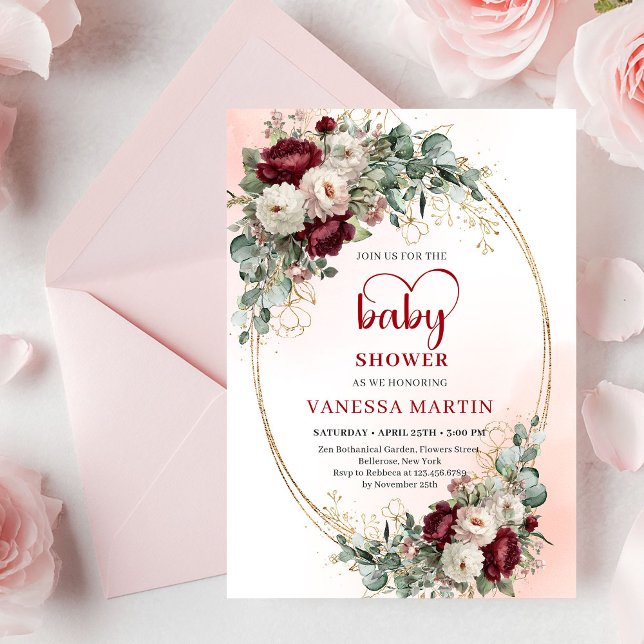 Convite de Churrasco de Bebê Flores Clássicas Burg (Classic Burgundy Flowers Gold Baby Shower Invitation

)
