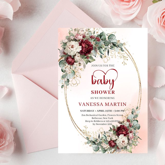 Convite de Churrasco de Bebê Flores Marsala Bonito (Pretty Marsala Flowers Gold Baby Shower Invitation

)