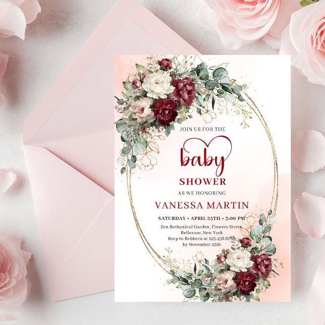 Convite de Churrasco de Bebê Flores Vinho Elegante (Stylish Maroon Flowers Greenery Baby Shower Invite

)