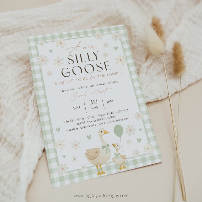 Convite de Churrasco de Bebê Ganso Verde. Gin Neut (Goose Sage Green Baby Shower Invitation)
