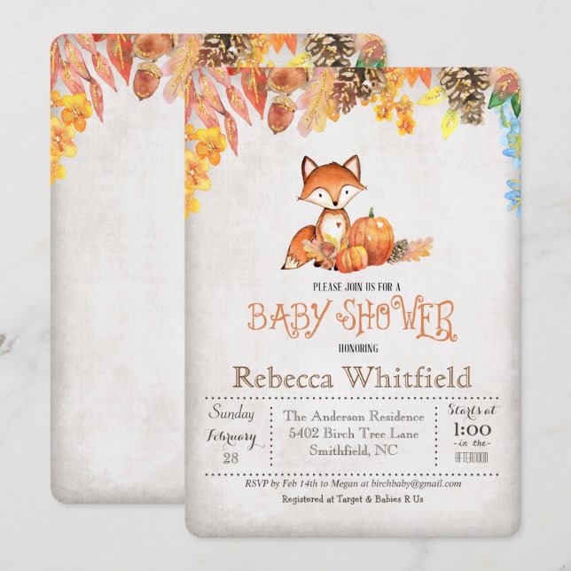 Convite de Churrasco de Bebê Little Fox Pumpkin Ba (Frente/Verso)