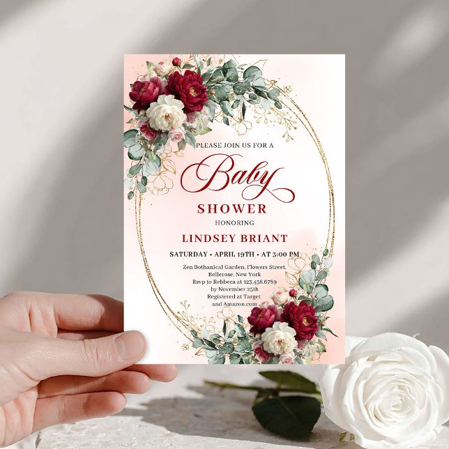 Convite de Churrasco de Bebê Luxo Boho Marrom Dour (Luxe Boho Maroon Floral Gold Baby Shower Invitation)