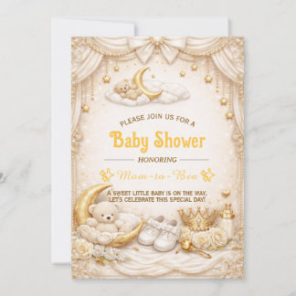 Convite de Churrasco de Bebê Luxo Dourado com Urso