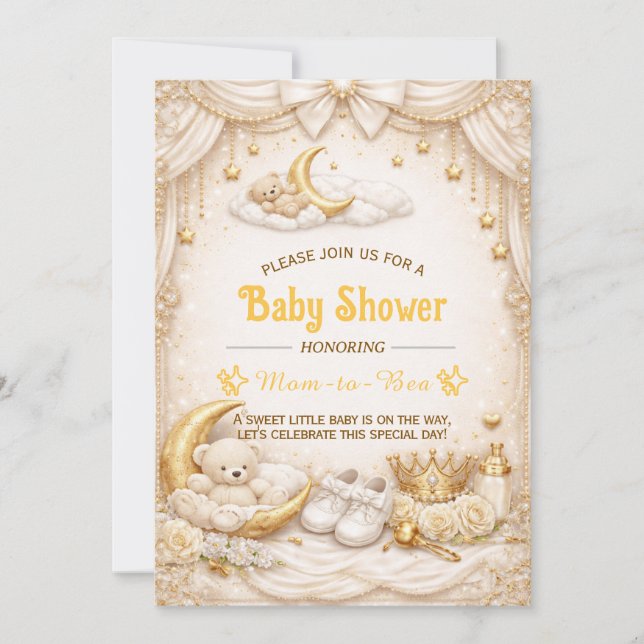 Convite de Churrasco de Bebê Luxo Dourado com Urso (Frente)
