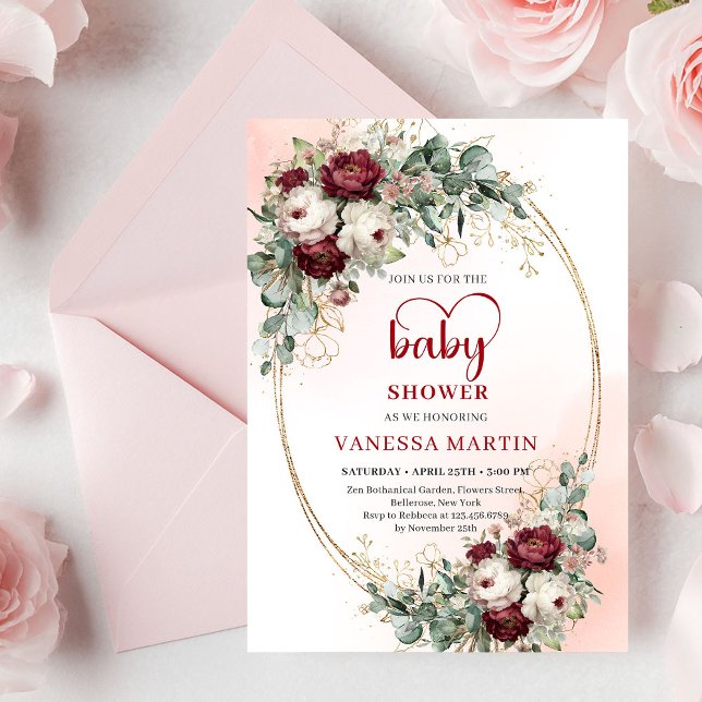 Convite de Churrasco de Bebê Luxuoso Vermelho Escu (Luxe Deep Red and Gold Baby Shower Invitation)