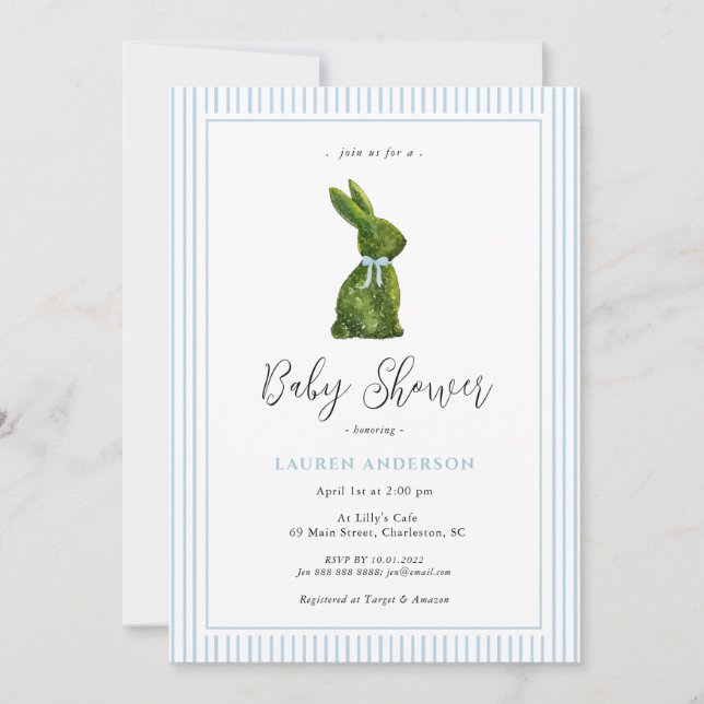 Convite de Churrasco de Bebê Menino Bunny Topiary  (Frente)