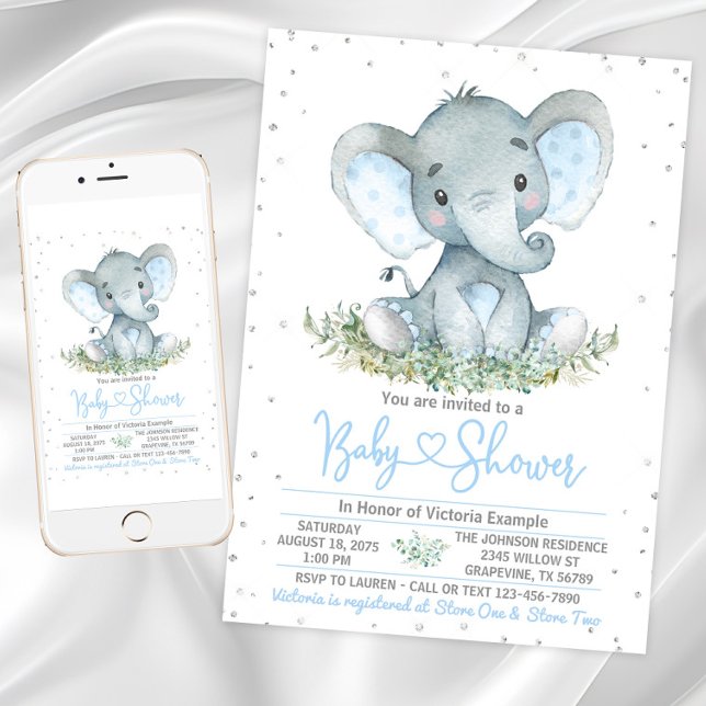 Convite de Churrasco de Bebê Menino Elefante Brilh (Boy elephant baby shower invitation with cute baby elephant on a silver glitter background. )