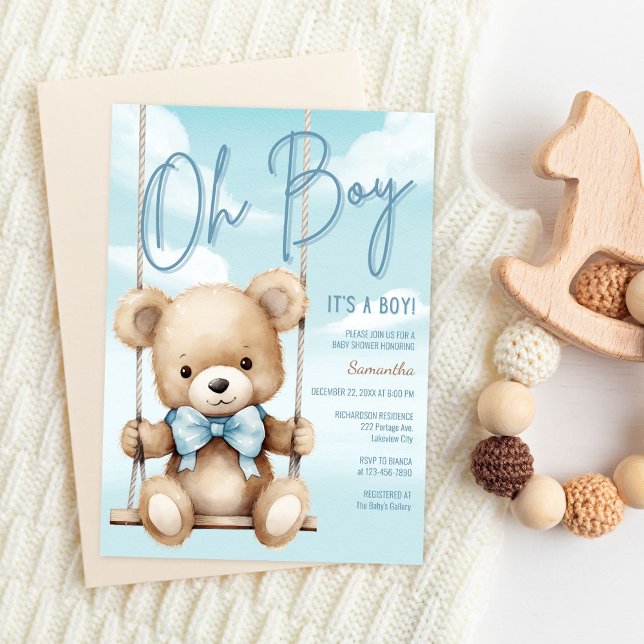 Convite de Churrasco de Bebê Menino Urso Teddy (Soft teddy bear baby shower invitation with watercolor design and neutral styling)
