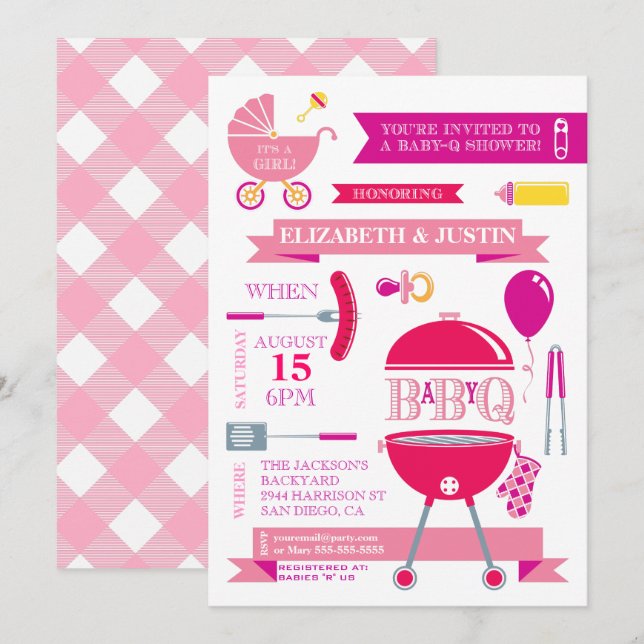 Convite de Churrasco de Bebê Moderna - Menina (Frente/Verso)