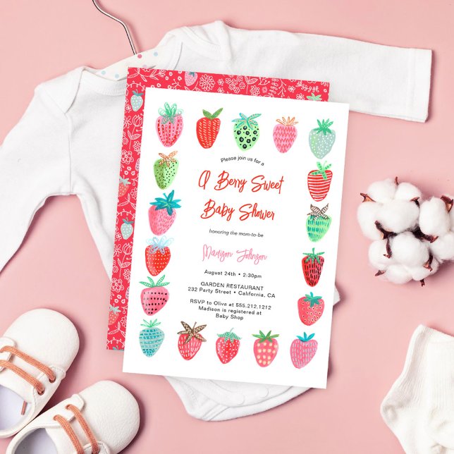 Convite de Churrasco de Bebê Morango Doce (Berry Sweet Baby Shower Invitation Strawberry)