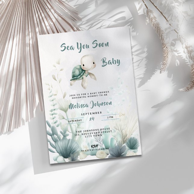 Convite de Churrasco de Bebê Neutro em Gênero 'Sea (Sea You Soon Undersea Turtle Baby Shower Invitation.)