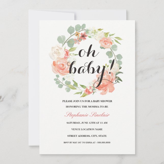 Convite de Churrasco de Bebê Oh Baby Floral Wreath (Frente)