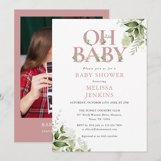 Convite de Churrasco de Bebê Oh Baby Greenery Rosa (Frente/Verso)