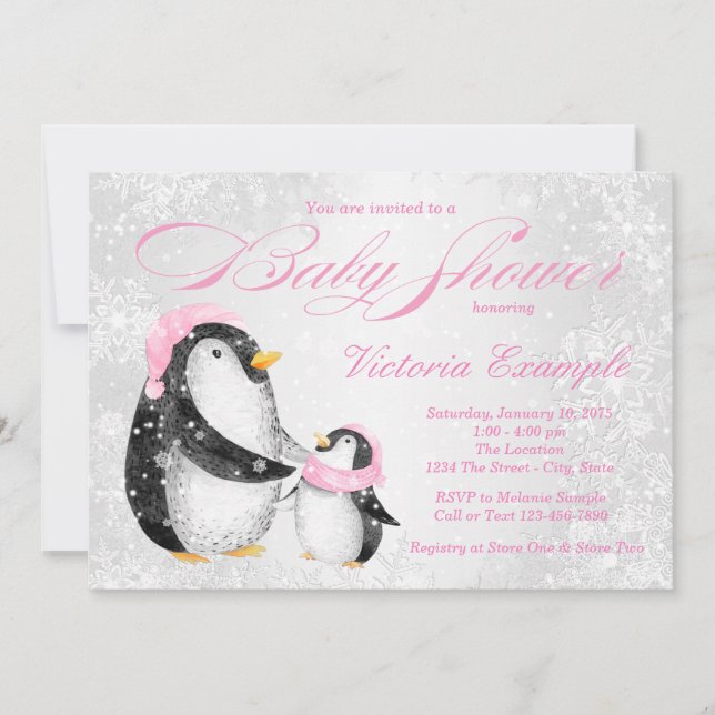 Convite de Churrasco de Bebê Pengiun de Meninas de (Frente)