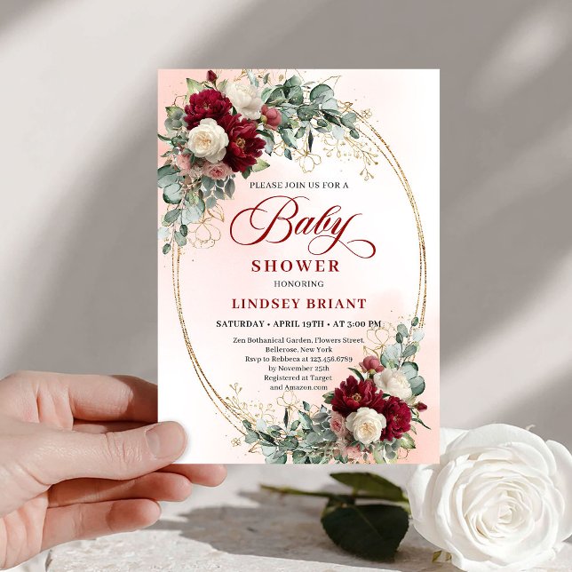 Convite de Churrasco de Bebê Peônia Vermelha Profu (Romantic Deep Red Peony Baby Shower Invitation)