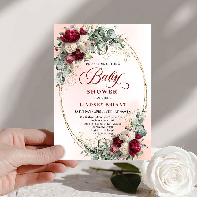 Convite de Churrasco de Bebê Peônias Marrom Rústic (Garden Rustic Maroon Peonies Baby Shower Invitation)