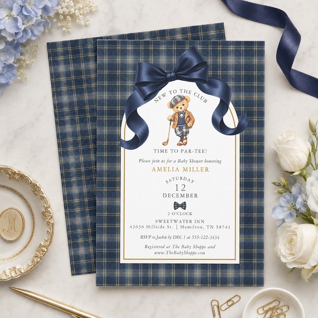 Convite de Churrasco de Bebê Urso Teddy de Golfe P (Plaid Polo Golf Teddy Bear Par-tee Baby Shower Invitation)