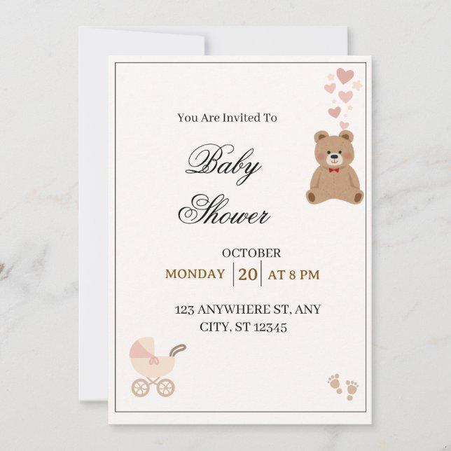 Convite de Churrasco de Bebê Urso Teddy Elegante (Frente)