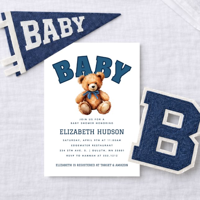 Convite de Churrasco de Bebê Urso Teddy Varsity Pr (Preppy Varsity Teddy Bear Baby Shower Invitation)