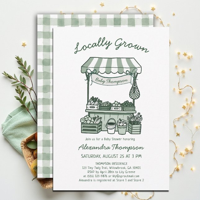 Convite de Churrasco de Bebê Verde Salvia de Stand (locally grown baby shower invitation sprout produce watercolor farmers market green gingham)