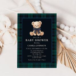 Convite de Churrasco de Bebê Xadrez Azul Teddy Bea