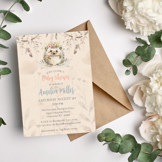 Convite de Churrasco de Bebêouriço-Cacheiro de Flo (Hedgie Boho Watercolor Baby Shower Invitation)